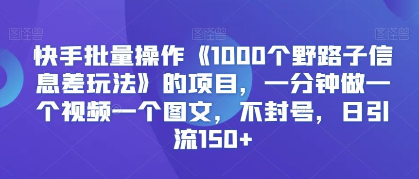 快手批量操作《1000個野路子信息差玩法》的項目，一分鐘做一個視頻一個圖文，不封號，日引流150+【揭秘】 - 嚴選資源大全