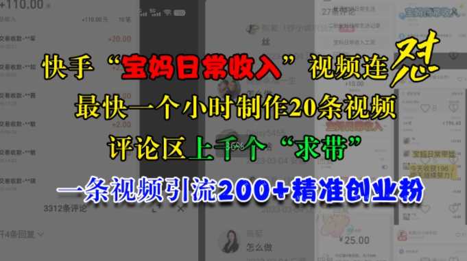 快手“寶媽日常收入”視頻連懟，一個小時制作20條視頻，評論區上千個“求帶”，一條視頻引流200+精準創業粉 - 嚴選資源大全