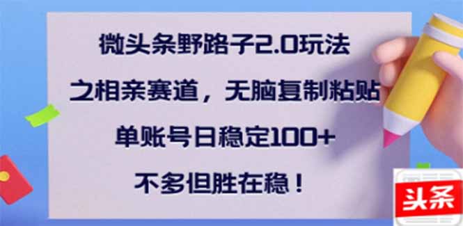 微頭條野路子2.0玩法之相親賽道，無腦搬磚復制粘貼，單賬號日穩定300+… - 嚴選資源大全