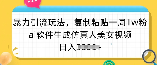 暴力引流玩法，復制粘貼一周1w粉，ai軟件生成仿真人美女視頻，日入多張 - 嚴選資源大全