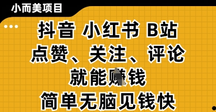 小而美的項目，抖音小紅書B站視頻點贊、關注、評論就能掙錢，簡單無腦立見收益，妥妥的零擼項目【揭秘】 - 嚴選資源大全
