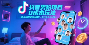 抖音男粉項目0成本玩法，一部手機即可操作，日均4張+，時間自由 - 嚴選資源大全