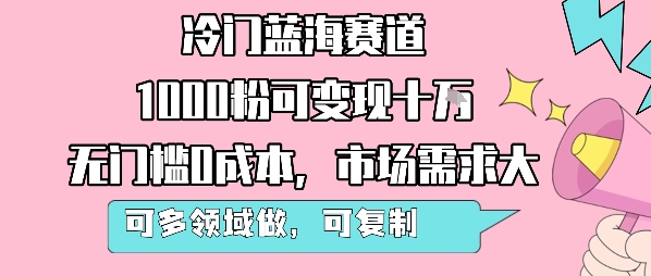 冷門藍海賽道，1000粉可變現十W，無門檻0成本，市場需求大，可多領域做，可復制性強 - 嚴選資源大全