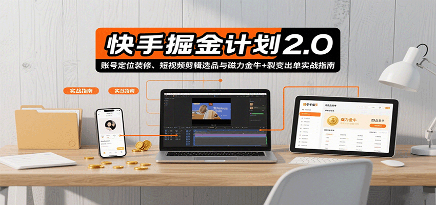 快手掘金計劃2.0，賬號定位裝修、短視頻剪輯選品與磁力金牛+裂變出單實戰指南 - 嚴選資源大全