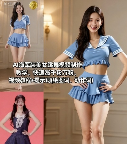 AI海軍裝美女跳舞視頻制作教學,快速漲千粉萬粉,視頻教程+提示詞(繪圖詞、動作詞) - 嚴選資源大全