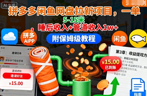 拼多多閑魚網盤拉新項目,一單5-15米,睡后收入+管道收入1w+(附保姆級教程) - 嚴選資源大全