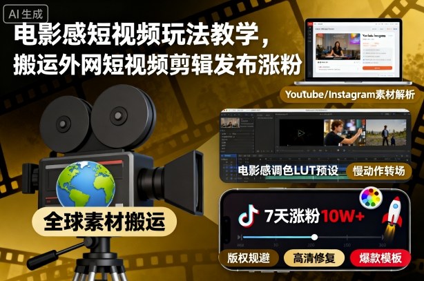 電影感短視頻玩法教學,搬運外網短視頻剪輯發布漲粉 - 嚴選資源大全