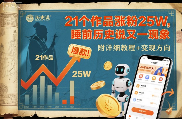 21個作品漲粉25W，睡前歷史說又一現象級AI內容大爆款來啦，附詳細教程+變現方向 - 嚴選資源大全