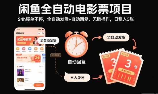 閑魚全自動電影票項目，24h爆單不停，全自動發貨+自動回復，無腦操作，日穩入3張【揭秘】 - 嚴選資源大全